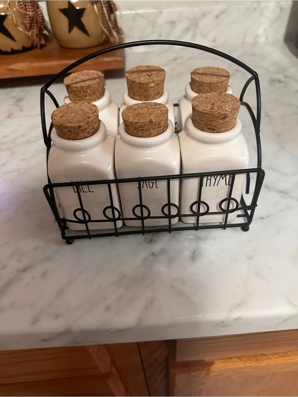 Rae Dunn White Ceramic Spice Jar Set with Cork Lids and Black Wire Rack